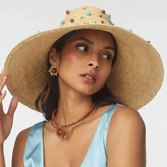 NWD Lele Sadoughi Turquoise Embellished Straw Sun Hat Natural One Size - Picture 3 of 13